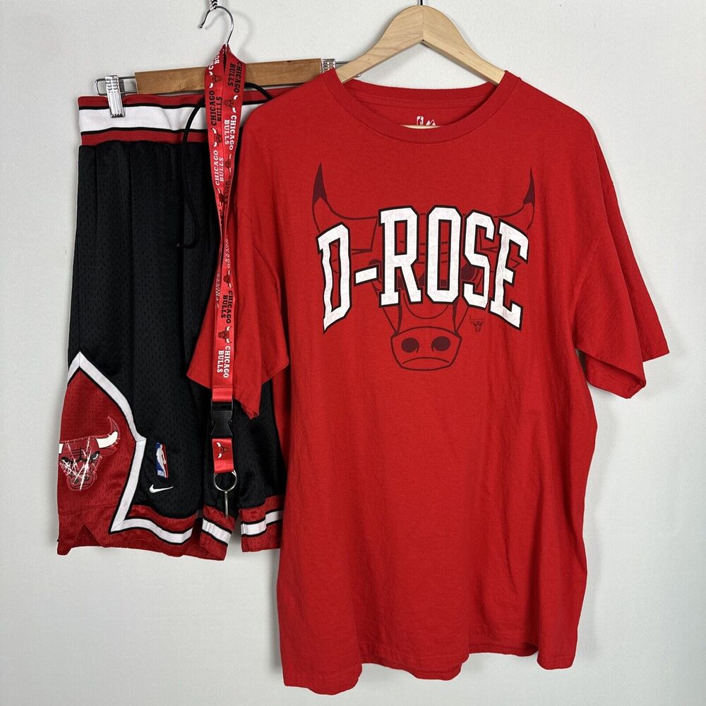 Chicago Bulls Mens Size XL Lot D-Rose Shirt, Vintage Nikes Black Shorts, Lanyard